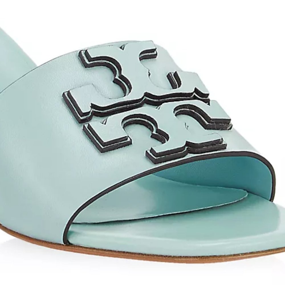 Tory Burch $298 Ines 55MM Leather Mules Blue Turquoise Sea Bubble Mid Heel - Picture 8 of 9